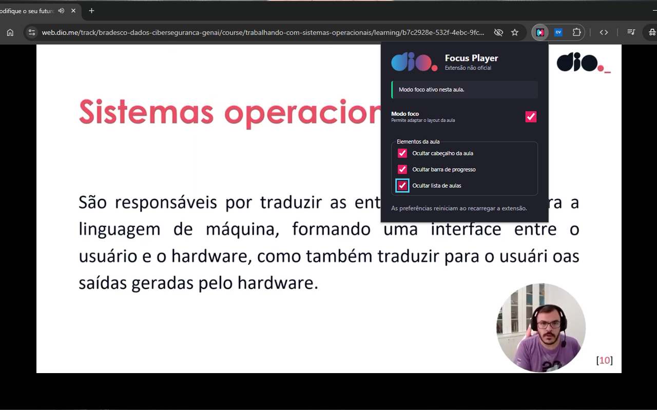 Estado do popup da extensão DIO Focus Player
